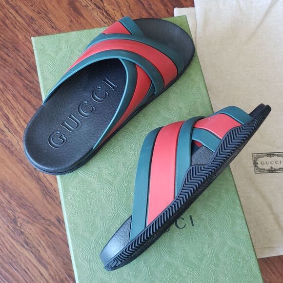 NEW Gucci Green Red Womens Chic Old Money Edgy Feminine Slide Sandals Size 38 - Picture 4 of 10